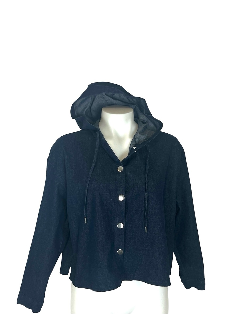Zara women’s dark wash button front hooded denim jacket size medium
